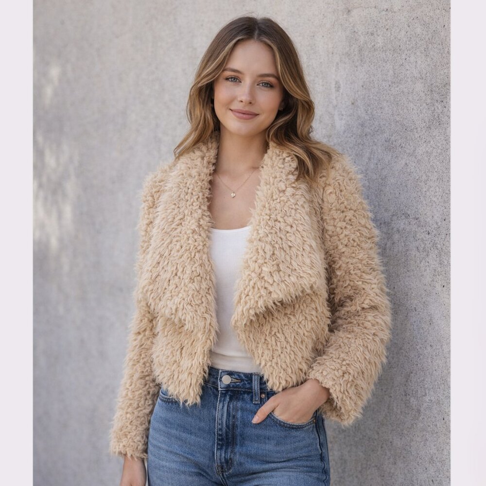 Bear Dance Cropped M Teddy Faux Fur Jacket | Cozy Neutral Boho Y2K Soft Girl